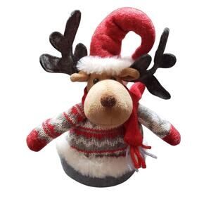 Holiday Moose in Knit Sweater‎ and Red Hat Fabric 9" Shelf /Tabletop Decoration